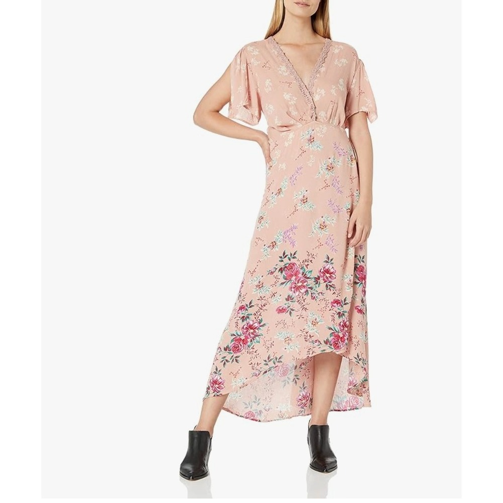 Cottagecore Floral Print V Neck Wrap Midi Dress Short Sleeve High Low Pink S